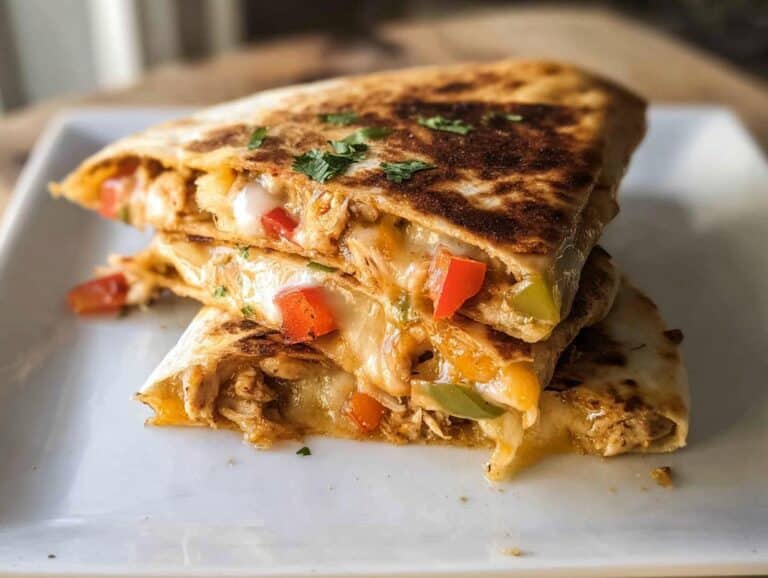 Close-up of stacked Cheesy Chicken Quesadilla Bake slices oozing melted cheese, shredded chicken, and colorful peppers.