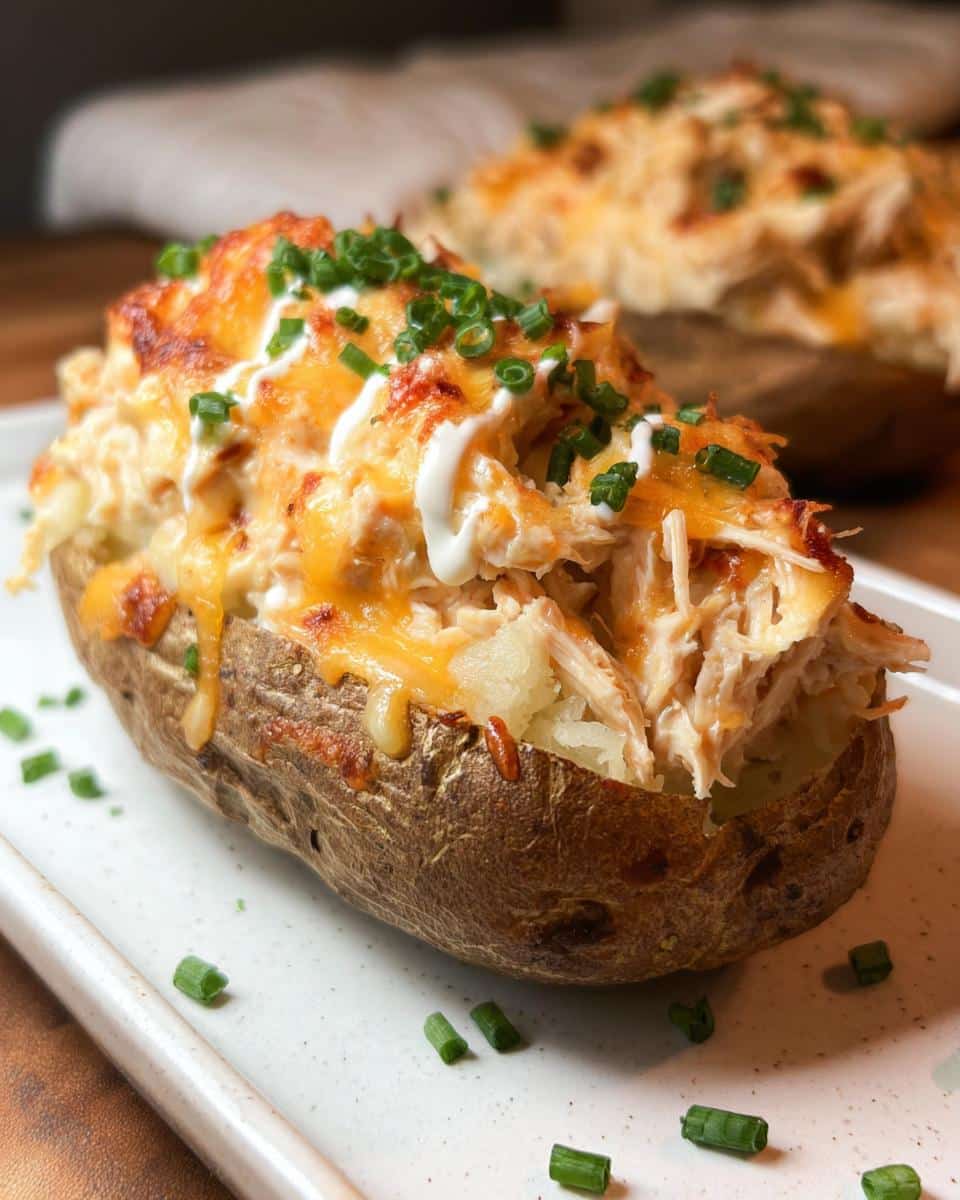 A close-up of a baked potato overflowing with shredded chicken, melted cheddar cheese, and sour cream, garnished with fresh chives, representing Cheesy Chicken Stuffed Potatoes.