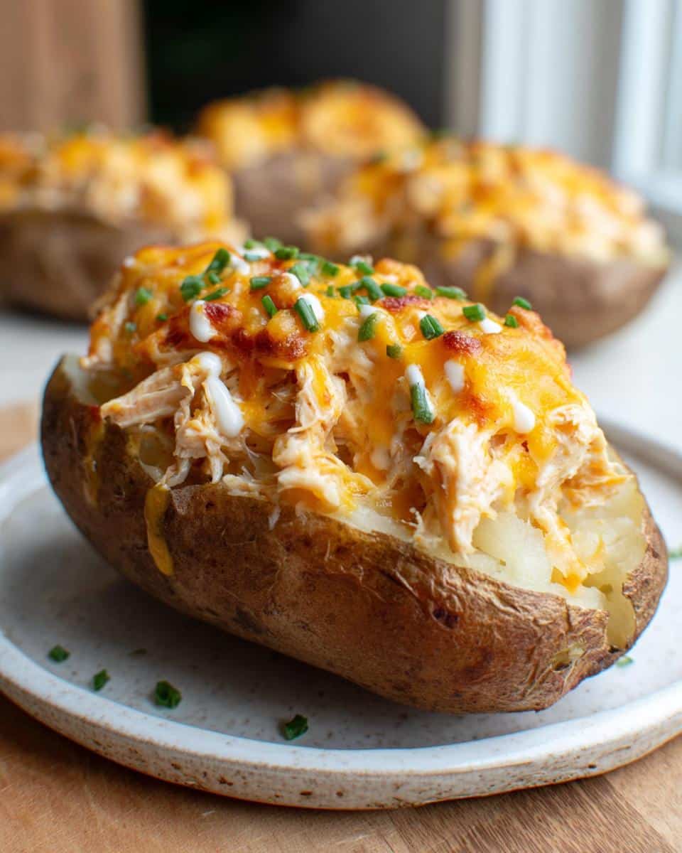 A close-up of a baked potato overflowing with shredded chicken, melted cheddar cheese, and chives, showcasing the Cheesy Chicken Stuffed Potatoes.