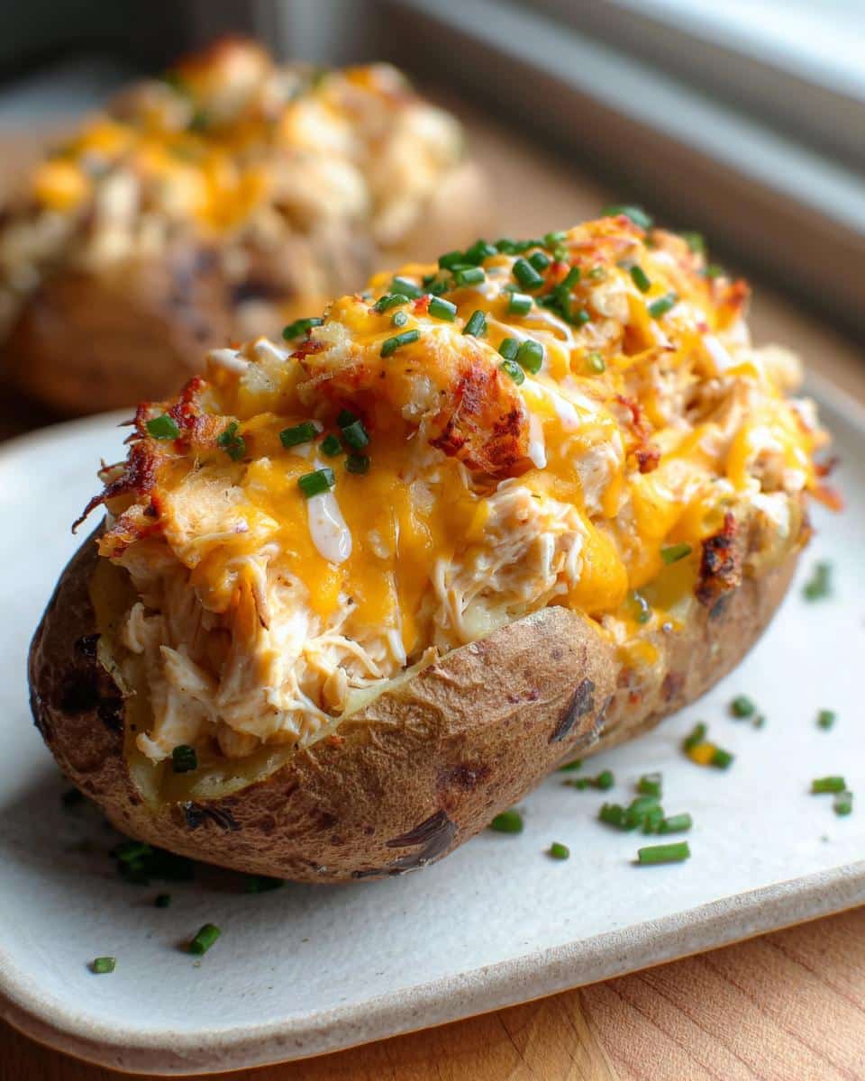 A close-up of a baked potato generously filled with shredded chicken, melted cheddar cheese, and topped with chives, showcasing Cheesy Chicken Stuffed Potatoes.