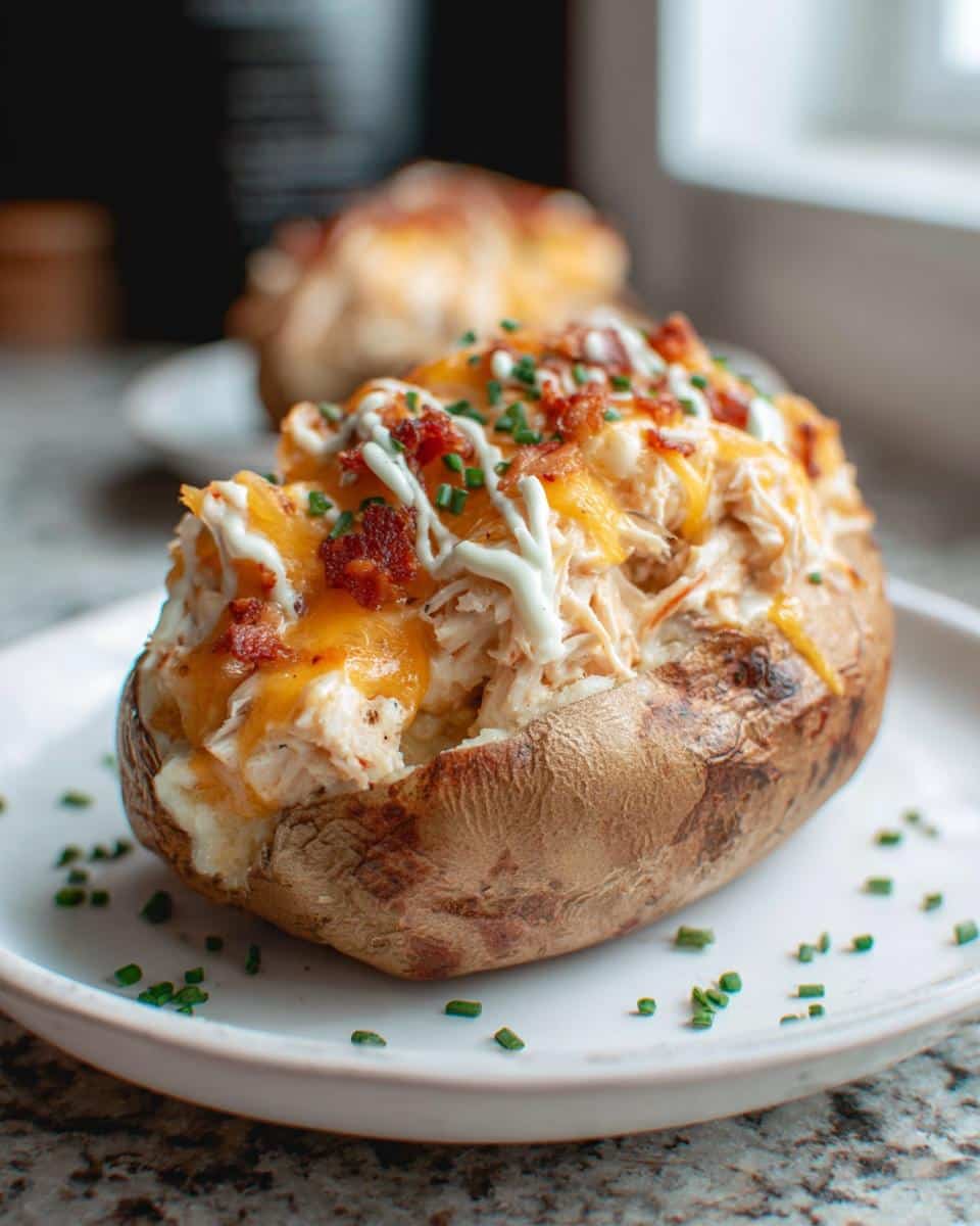 A close-up of a baked potato overflowing with shredded chicken, melted cheddar cheese, bacon bits, and sour cream, making delicious Cheesy Chicken Stuffed Potatoes.