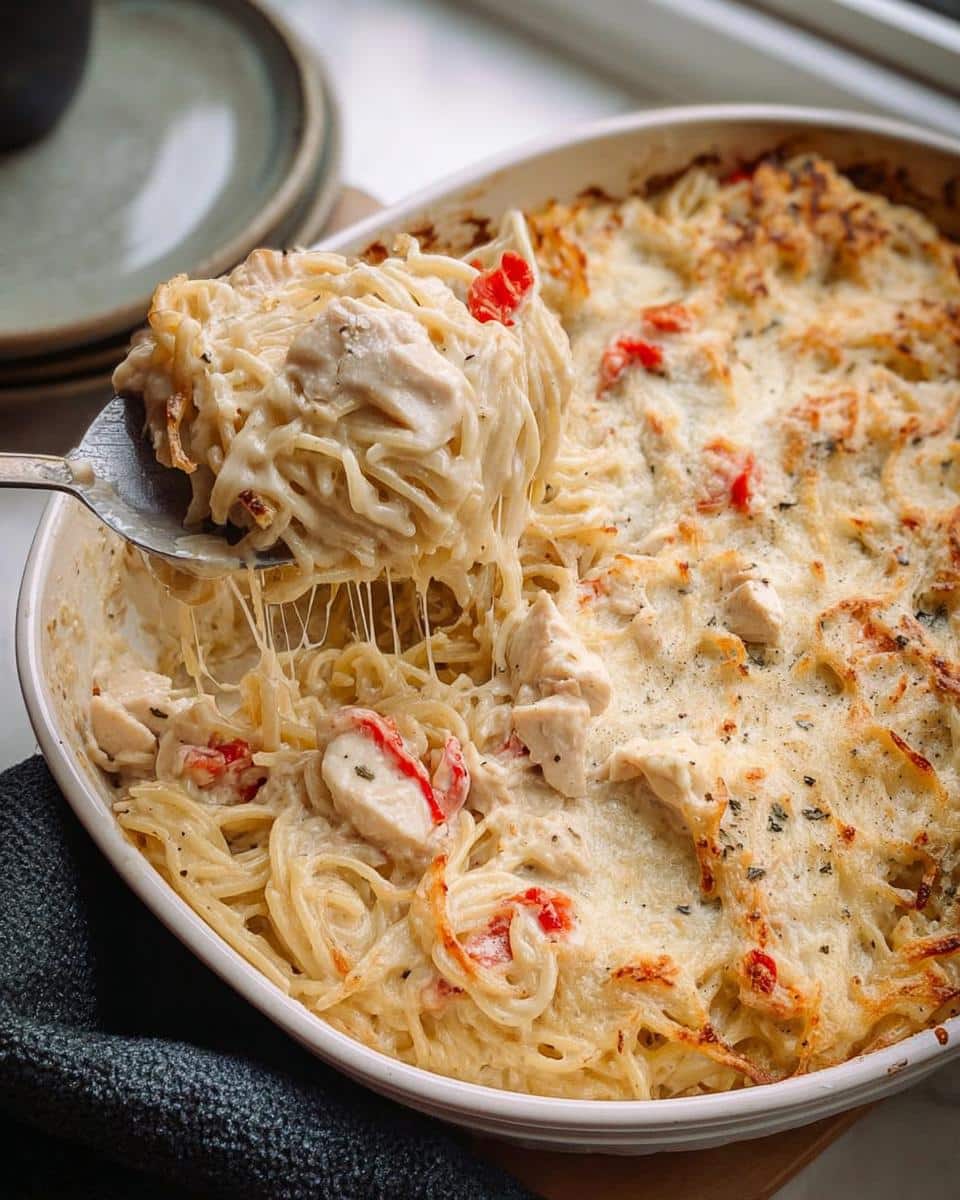A spoonful of creamy Chicken Tetrazzini Casserole showing melted cheese stretching between the spoon and the dish.