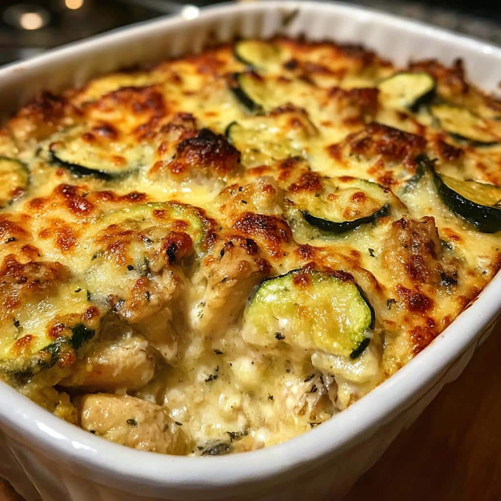 Close-up of a bubbling Chicken Zucchini Bake topped with melted, browned cheese and sliced zucchini.