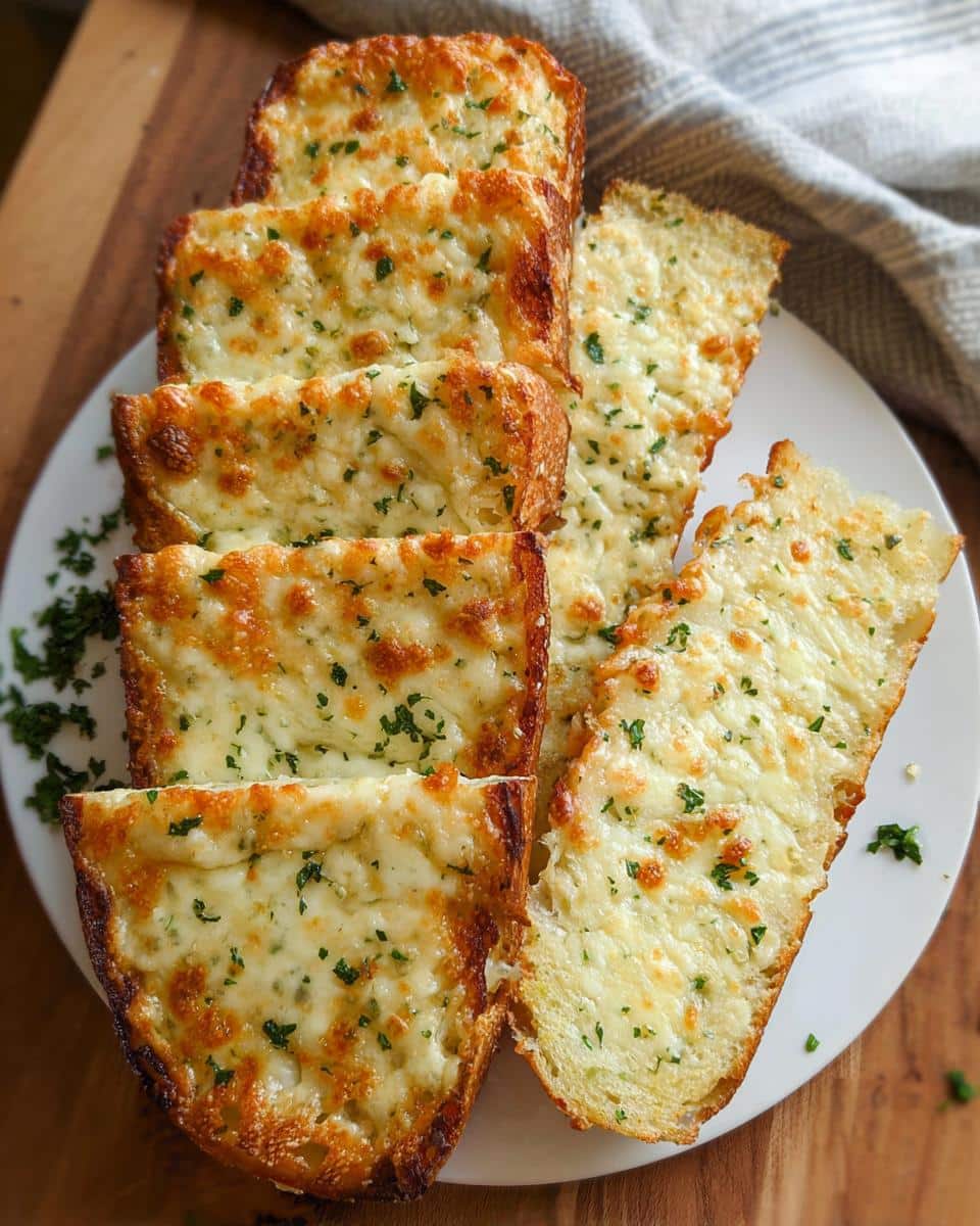 Several slices of golden brown, melted Cheesy Garlic Bread topped with fresh parsley, served on a white plate.