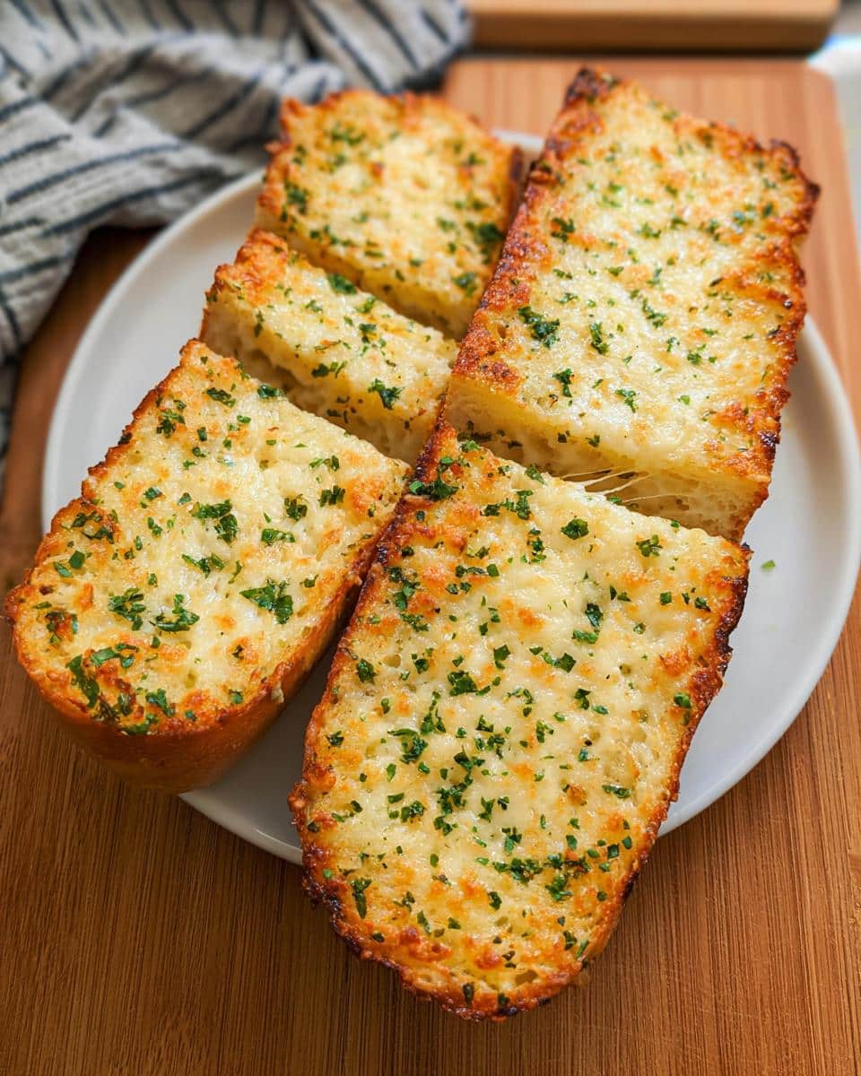 Four golden-brown slices of Cheesy Garlic Bread topped with melted cheese and chopped parsley on a white plate.