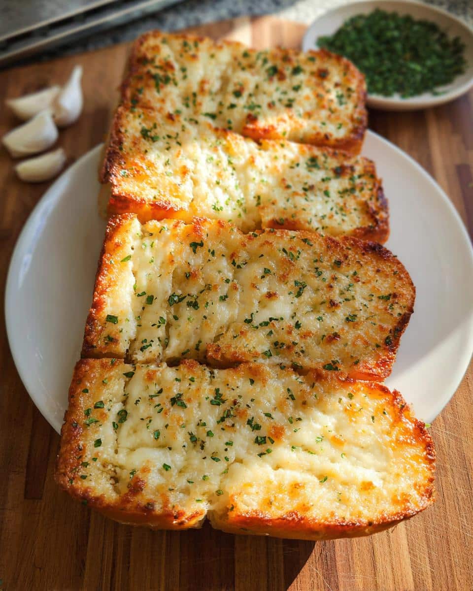 Four golden slices of Cheesy Garlic Bread topped with melted mozzarella and fresh parsley, served on a white plate.