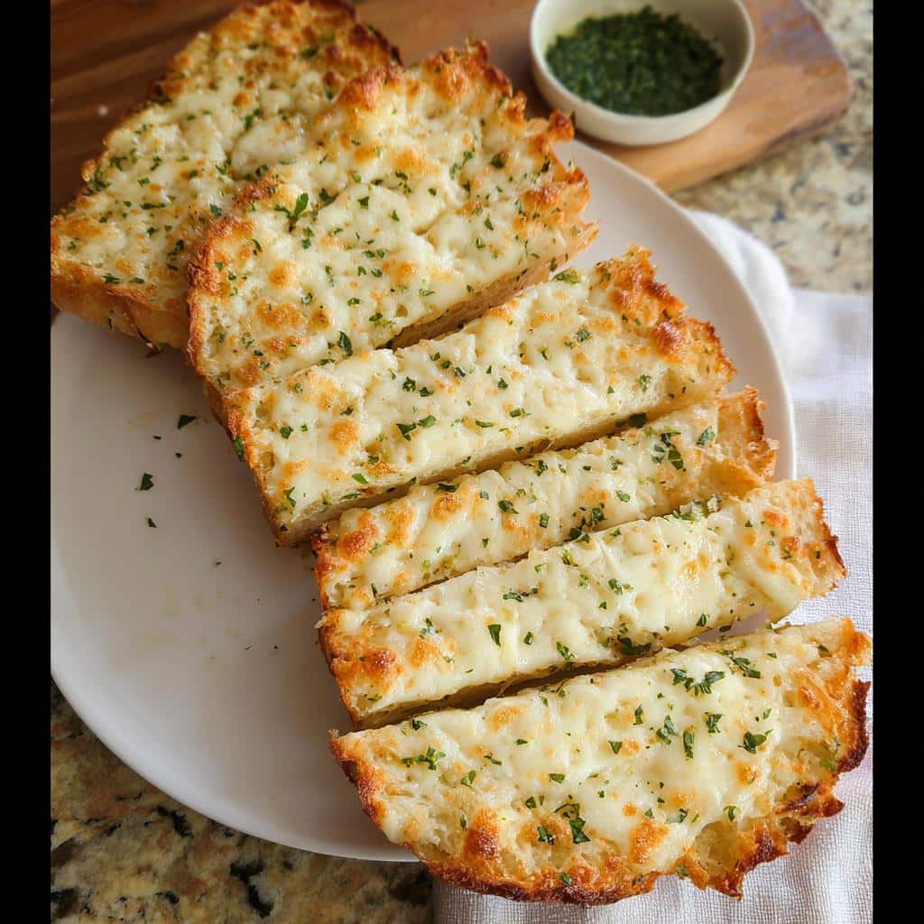 Several golden-brown slices of Cheesy Garlic Bread topped with melted mozzarella and parsley on a white plate.