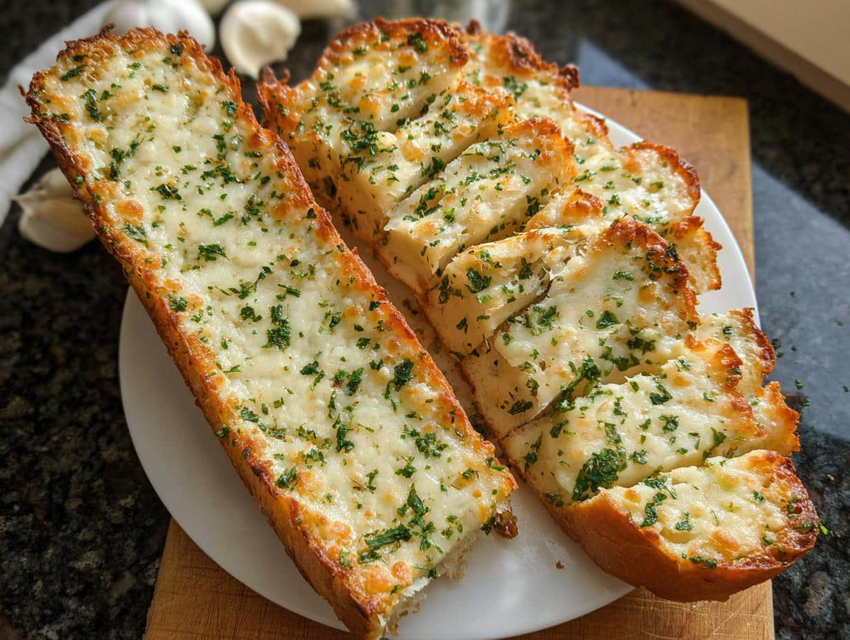 Close-up of freshly baked Cheesy Garlic Bread, sliced and topped with melted mozzarella and fresh parsley.