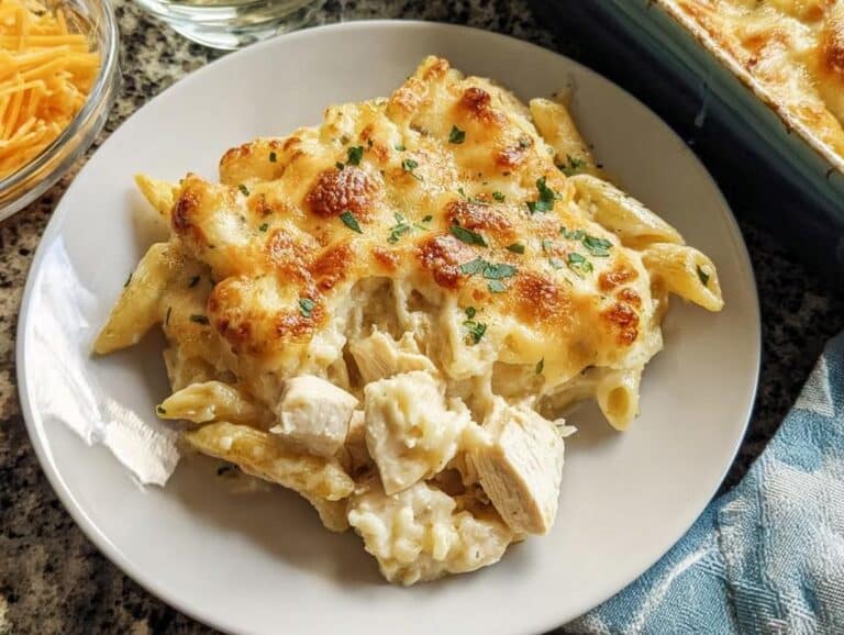 A serving of creamy Chicken Alfredo Casserole Bake on a white plate, topped with melted, browned cheese and parsley.