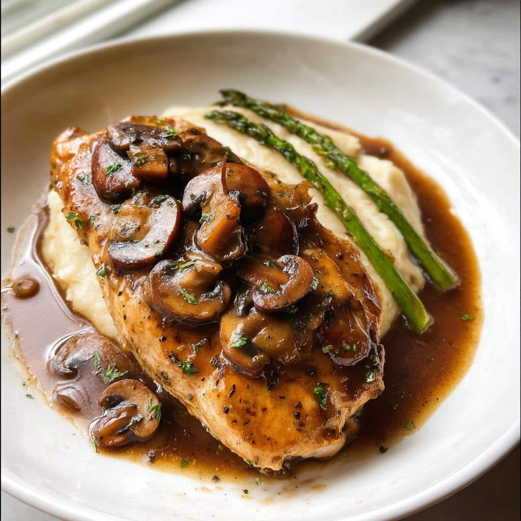 A beautiful plate featuring Chicken Marsala Dinner topped with rich mushroom sauce, served alongside mashed potatoes and asparagus.