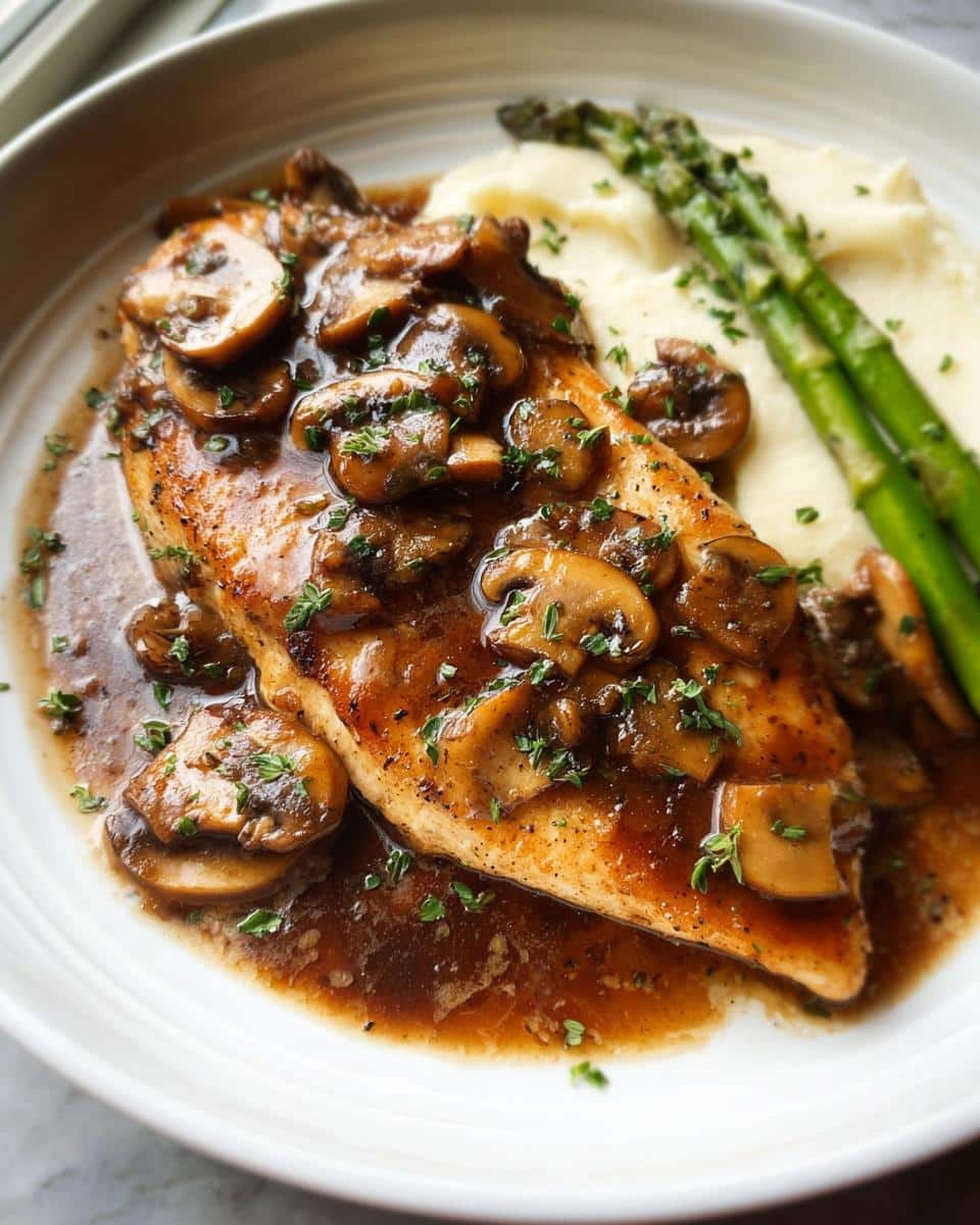 Close-up of a perfectly cooked Chicken Marsala Dinner featuring a chicken breast smothered in rich mushroom sauce, served with mashed potatoes and asparagus.