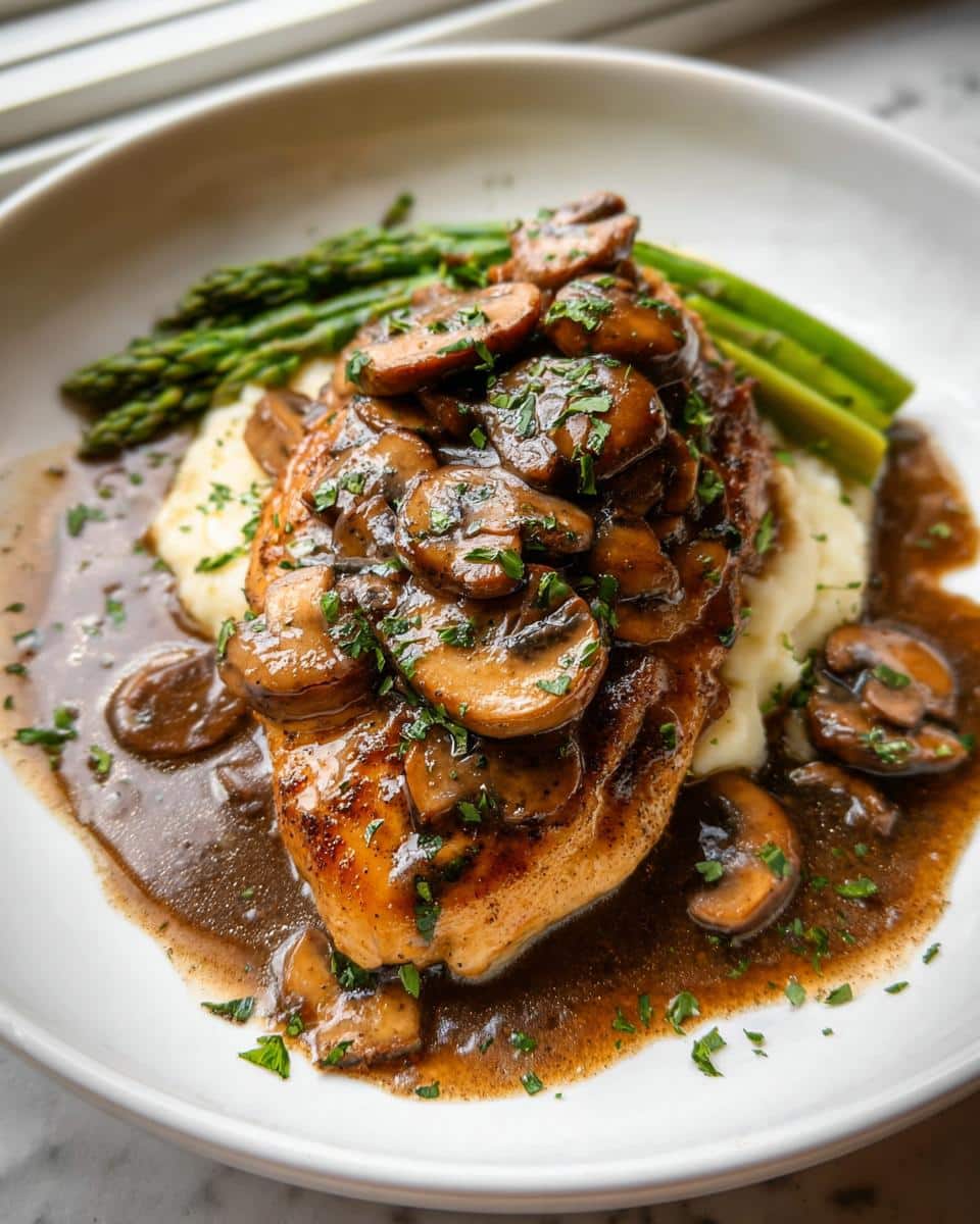 A perfectly cooked Chicken Marsala Dinner featuring a chicken breast topped with rich mushroom sauce and served with mashed potatoes and asparagus.