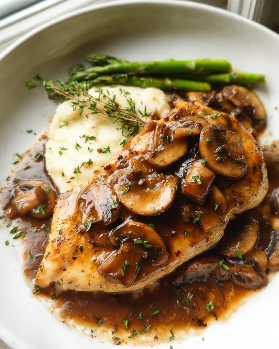 A beautifully plated Chicken Marsala Dinner featuring a mushroom-covered chicken breast, mashed potatoes, and asparagus.