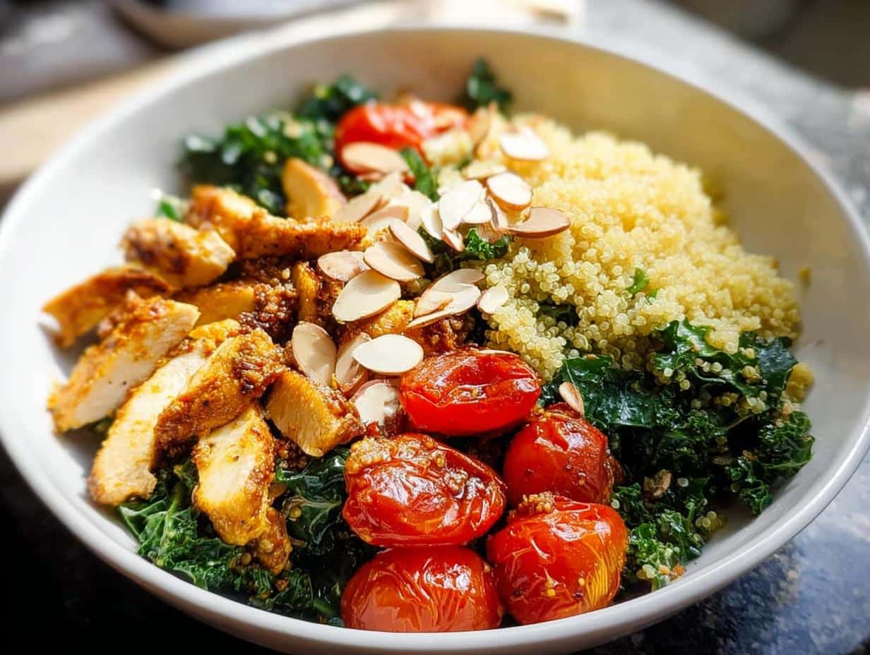 A vibrant bowl featuring seasoned sliced chicken, fluffy quinoa, kale, roasted tomatoes, and sliced almonds, perfect for Chicken Quinoa Lunch Bowls.