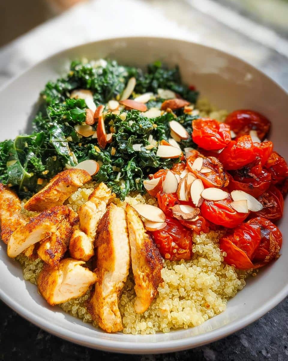 A vibrant bowl featuring seasoned sliced chicken, quinoa, sautéed kale, roasted tomatoes, and sliced almonds, perfect for Chicken Quinoa Lunch Bowls.