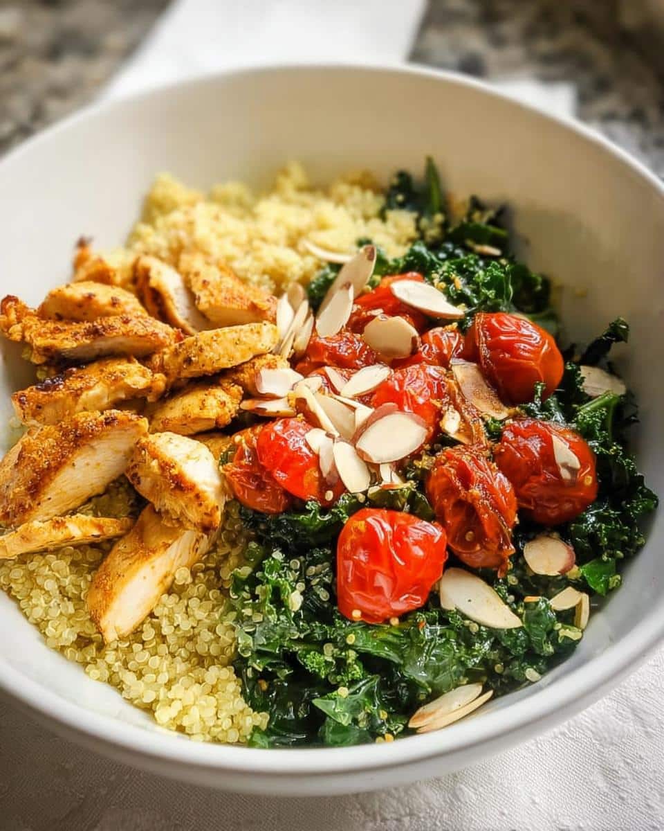 A vibrant Chicken Quinoa Lunch Bowls assembly featuring sliced seasoned chicken, quinoa, sautéed kale, roasted tomatoes, and slivered almonds.