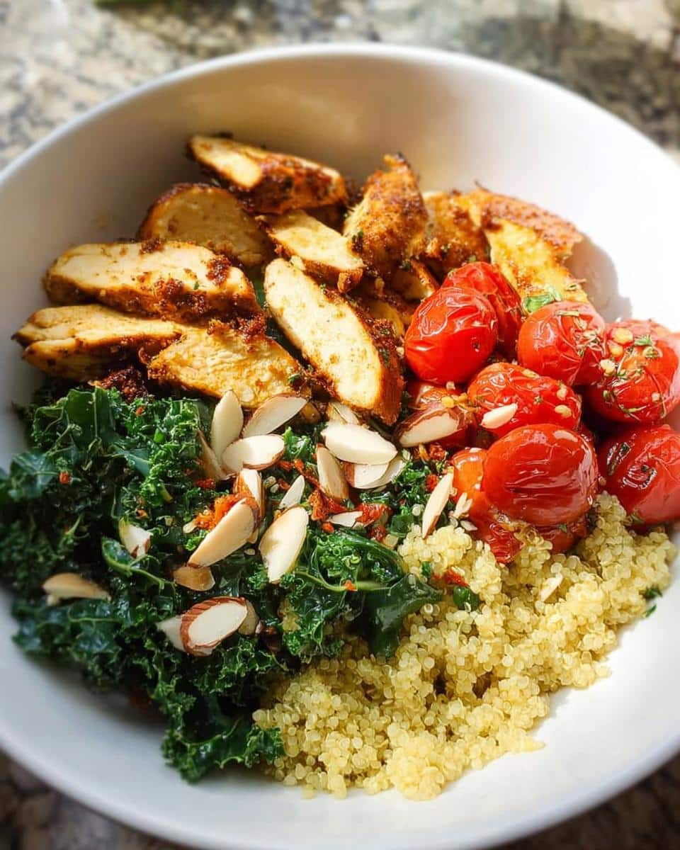 A vibrant Chicken Quinoa Lunch Bowls serving featuring sliced seasoned chicken, kale, roasted tomatoes, and sliced almonds.
