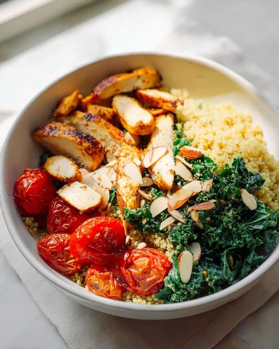 Close-up of a Chicken Quinoa Lunch Bowls featuring sliced grilled chicken, roasted tomatoes, kale, and sliced almonds.