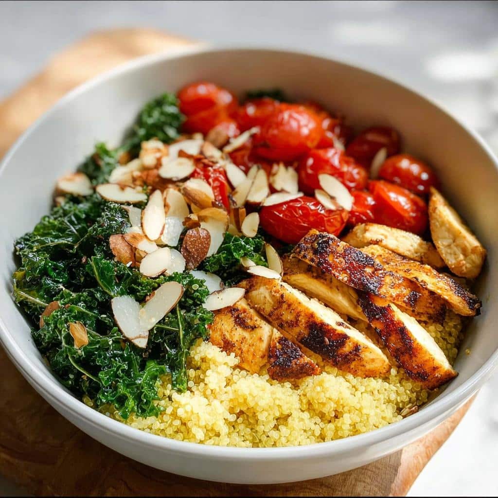 Close-up of a healthy Chicken Quinoa Lunch Bowls featuring grilled chicken, bright green kale, roasted tomatoes, and slivered almonds.