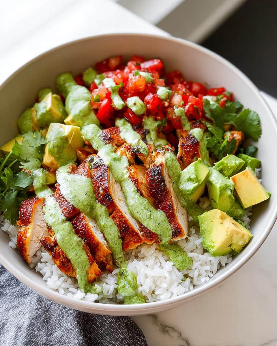 Close-up of Chicken Taco Lunch Bowls featuring sliced seasoned chicken over rice, topped with avocado, salsa, and green cilantro sauce.