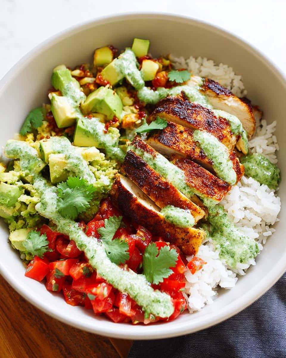 A close-up of a bowl filled with white rice, sliced seasoned chicken, diced tomatoes, avocado chunks, and drizzled with green cilantro sauce for Chicken Taco Lunch Bowls.