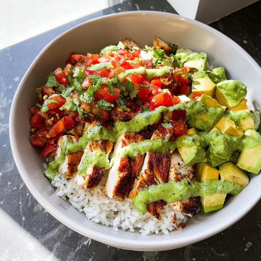 Close-up of Chicken Taco Lunch Bowls featuring sliced seasoned chicken over rice, topped with salsa, avocado, and green sauce.
