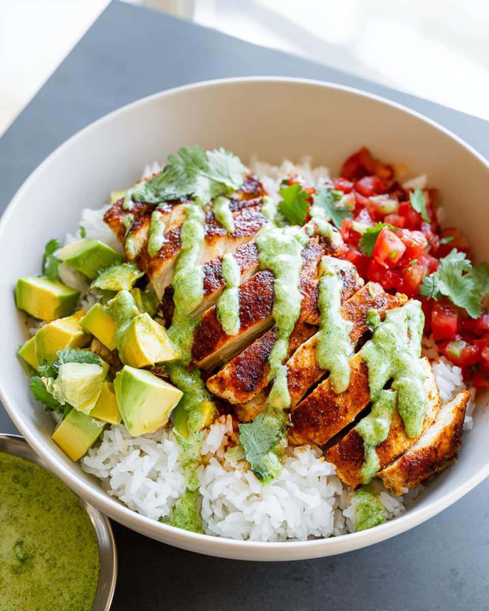 Sliced seasoned chicken drizzled with green sauce over rice in a bowl, part of the Chicken Taco Lunch Bowls.