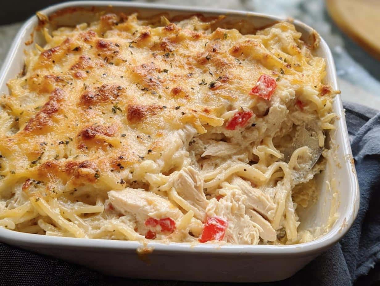 Close-up of a baked Chicken Tetrazzini Casserole with melted, browned cheese topping and visible chicken pieces.