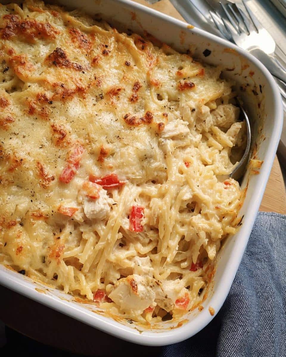 Close-up of a creamy Chicken Tetrazzini Casserole with a golden, bubbly cheese topping in a white baking dish.