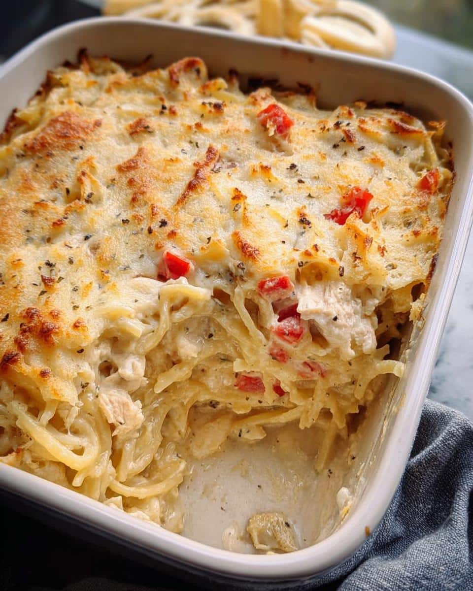 Close-up of a creamy Chicken Tetrazzini Casserole baked in a white dish, showing a golden, cheesy crust and chunks of chicken.