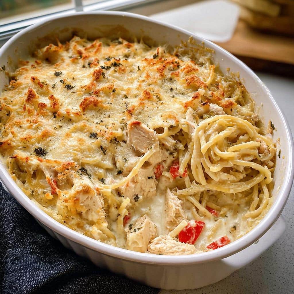 A creamy Chicken Tetrazzini Casserole in a white baking dish with a golden, bubbly cheese crust.