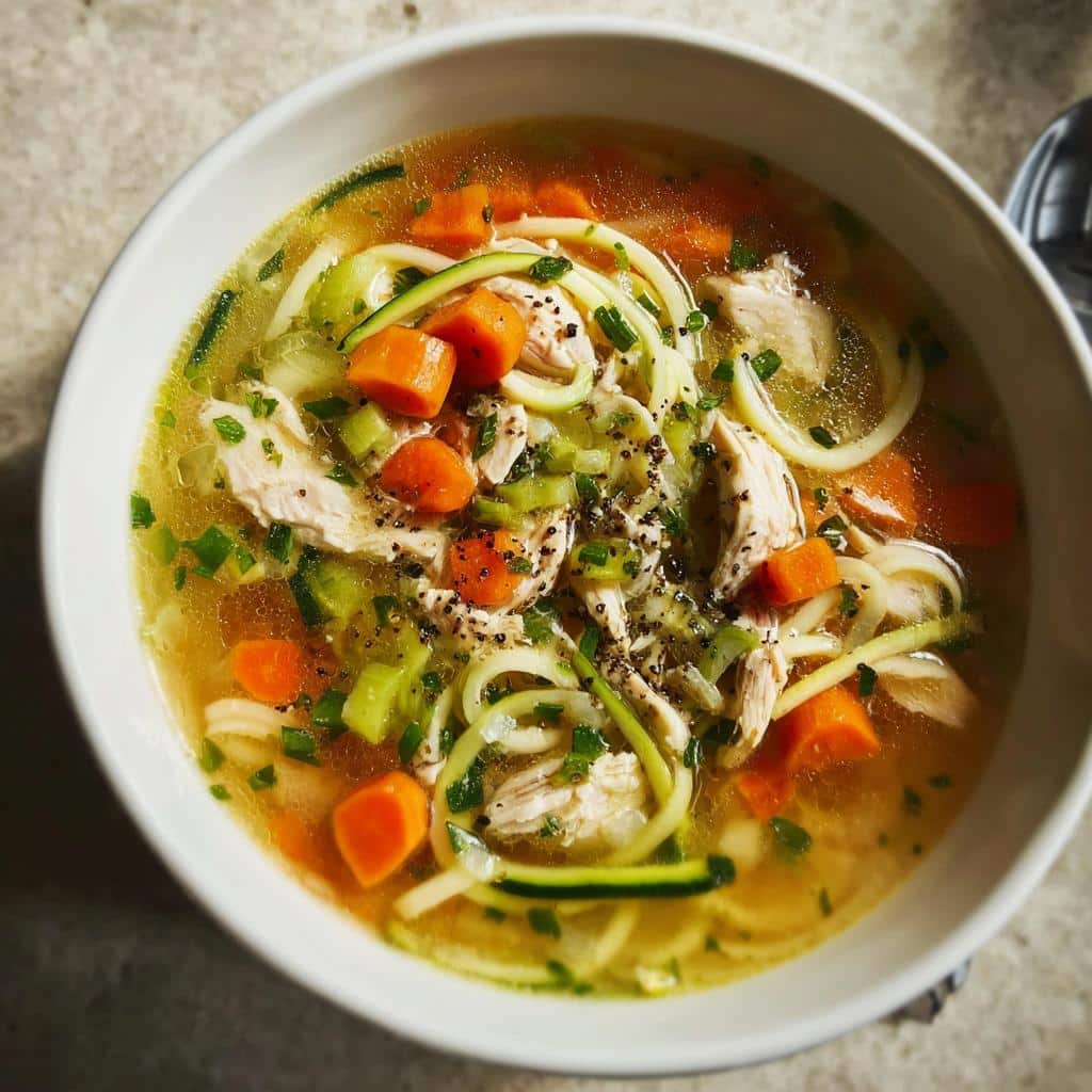 A close-up, overhead view of a bowl of Chicken Zoodle Detox Soup featuring shredded chicken, carrots, celery, and zucchini noodles in clear broth.