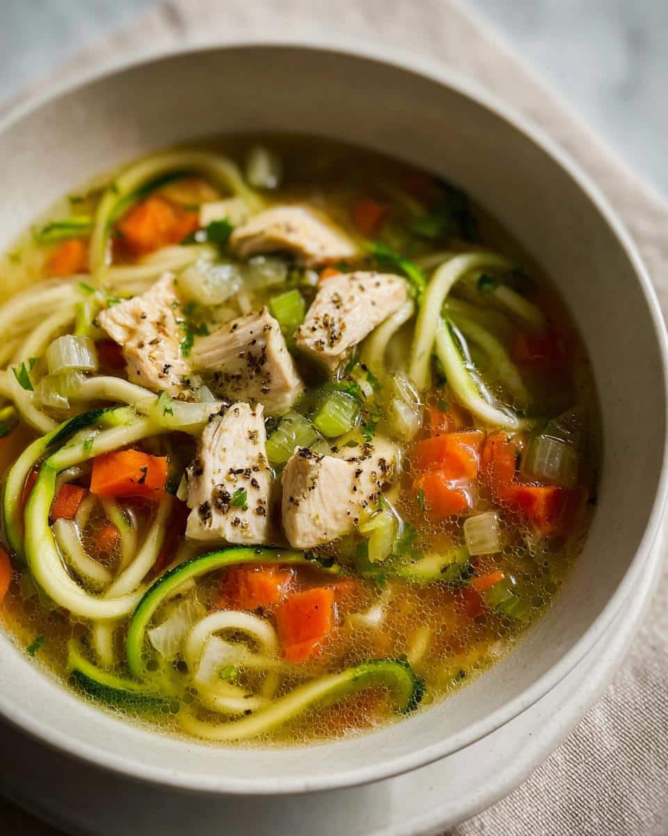 Close-up of a bowl of Chicken Zoodle Detox Soup featuring zucchini noodles, chicken chunks, and carrots in broth.