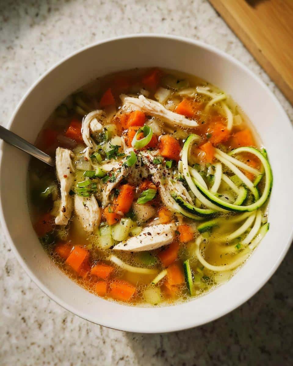 Close-up of a white bowl filled with Chicken Zoodle Detox Soup, featuring shredded chicken, carrots, and zucchini noodles.