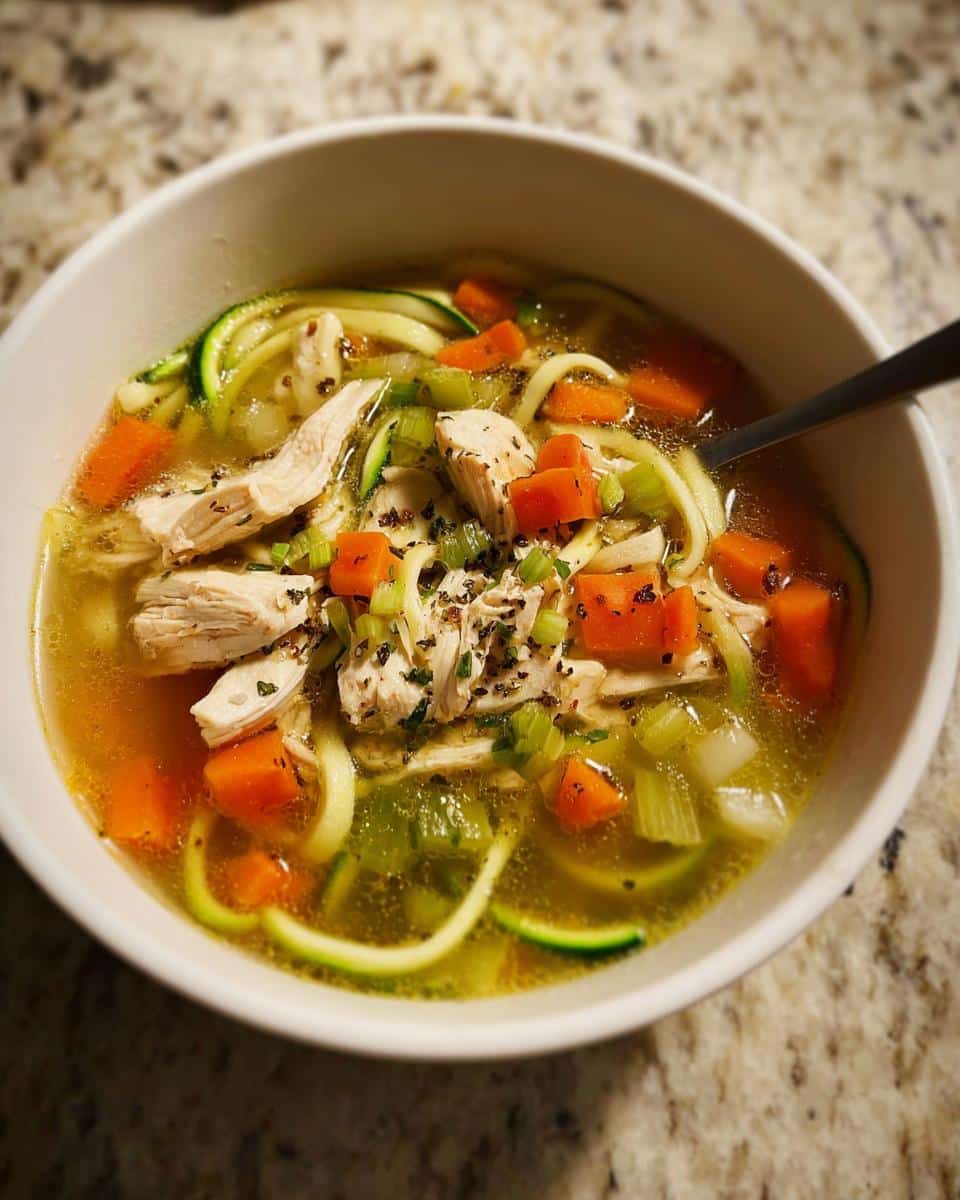 A close-up view of a bowl of Chicken Zoodle Detox Soup featuring shredded chicken, zucchini noodles, carrots, and celery.