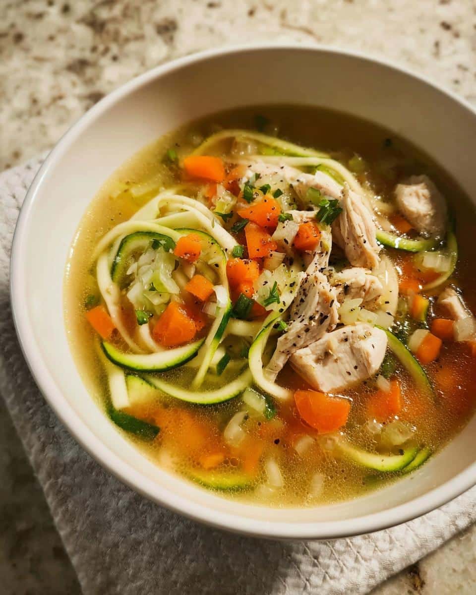 Close-up of Chicken Zoodle Detox Soup featuring zucchini noodles, shredded chicken, carrots, and broth.