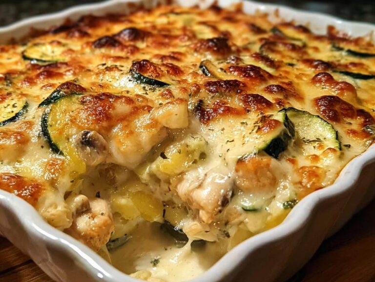 Close-up of a bubbling Chicken Zucchini Bake with melted, browned cheese and visible zucchini slices.