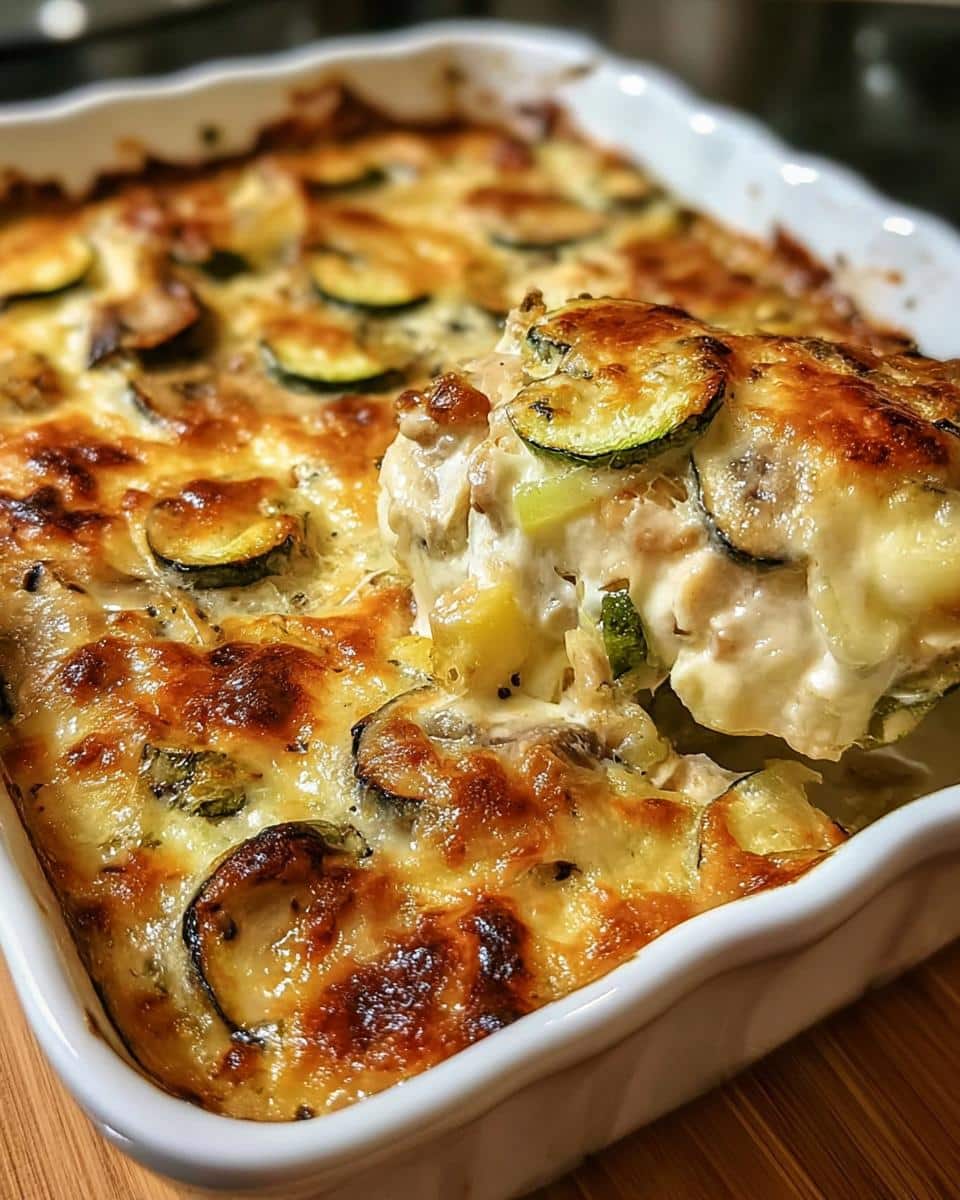 A spoonful of creamy Chicken Zucchini Bake being lifted from a white casserole dish topped with melted, browned cheese and zucchini slices.