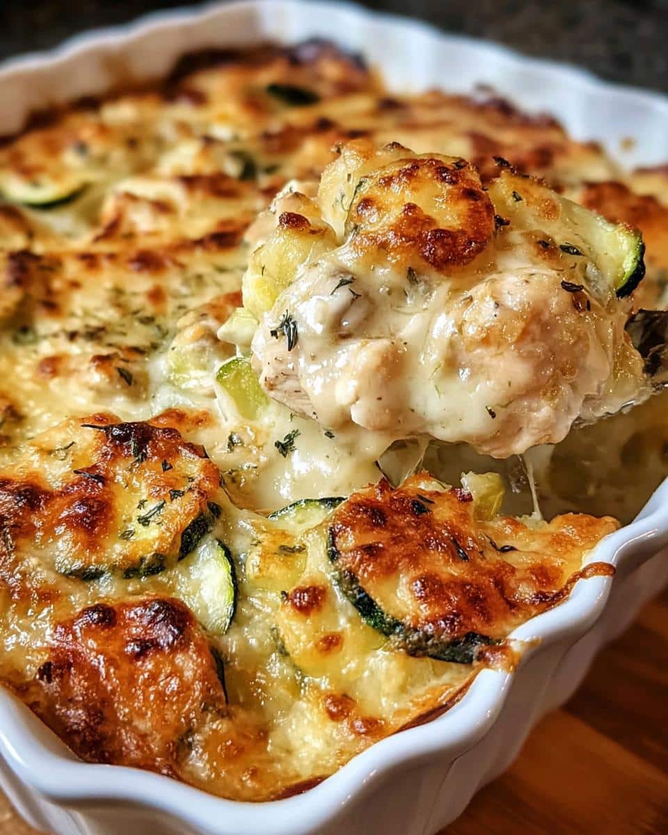 A spoonful of creamy Chicken Zucchini Bake lifted from a white baking dish, showing melted cheese and browned zucchini.