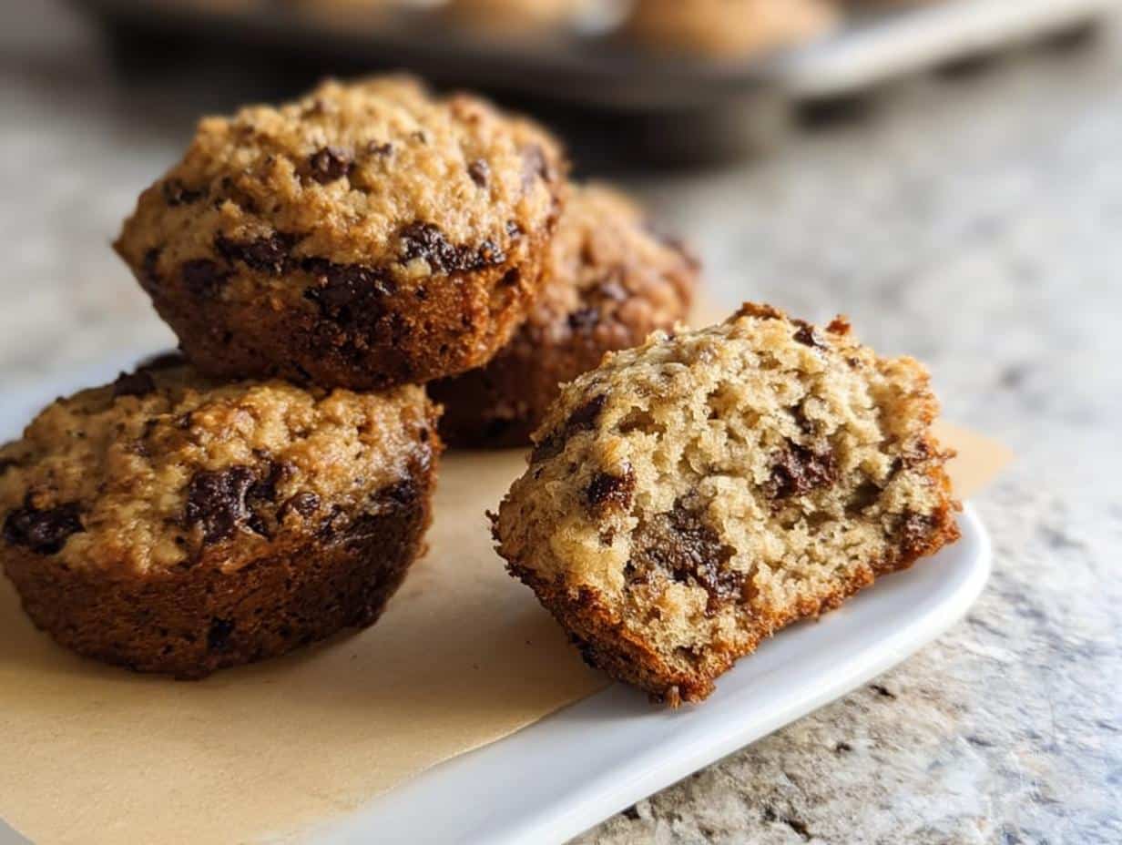 Close-up of chocolate chip Banana Bread Muffin Tops, one cut in half showing moist interior.