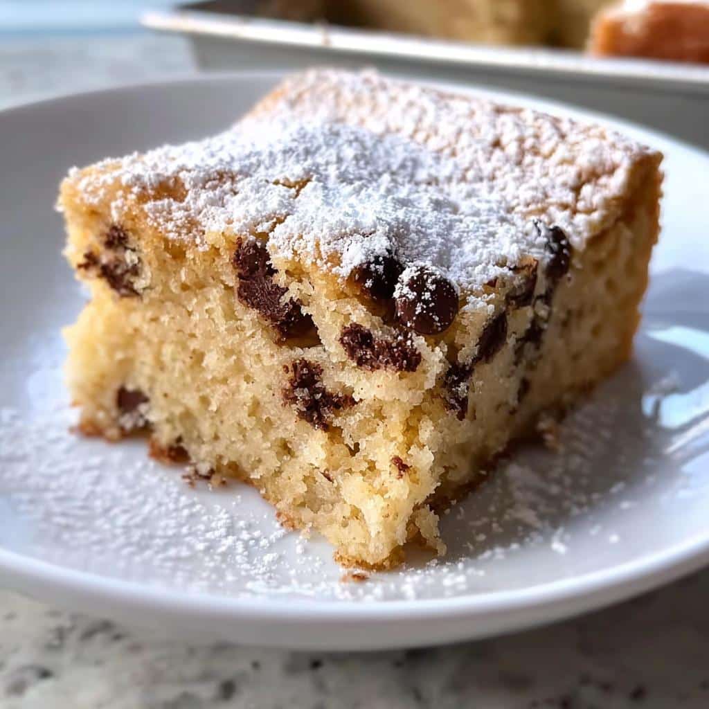 A moist slice of Chocolate Chip Snack Cake topped generously with powdered sugar on a white plate.