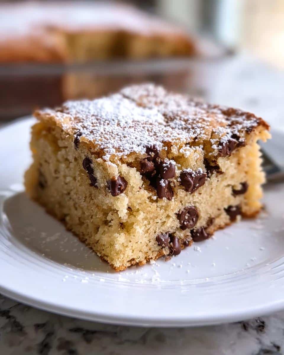 A square slice of moist Chocolate Chip Snack Cake, studded with chocolate chips and dusted with powdered sugar, served on a white plate.