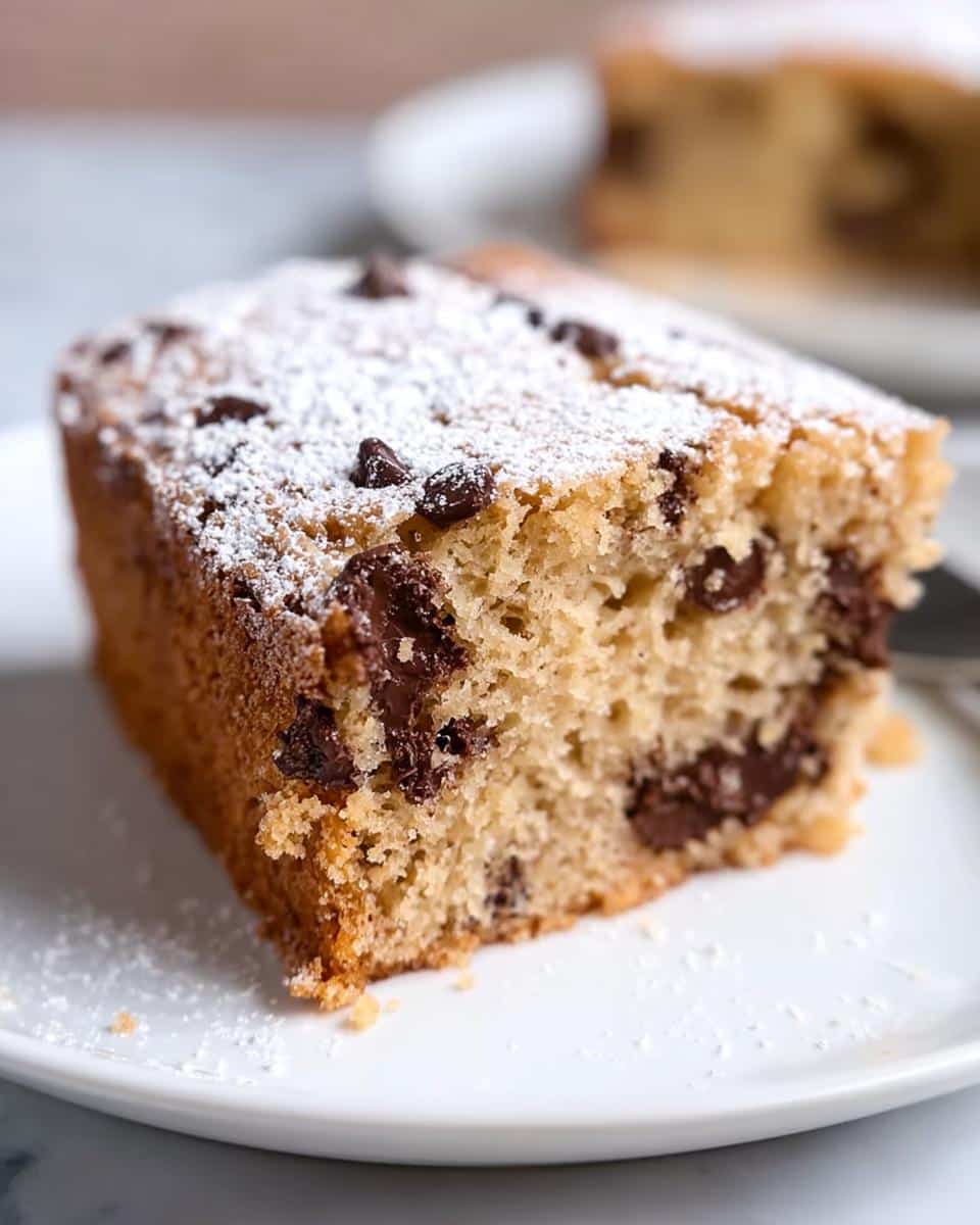 Close-up of a moist slice of Chocolate Chip Snack Cake dusted with powdered sugar on a white plate.