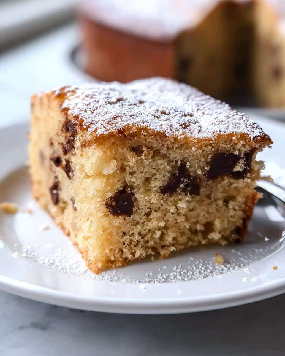A close-up of a moist slice of Chocolate Chip Snack Cake dusted with powdered sugar on a white plate.
