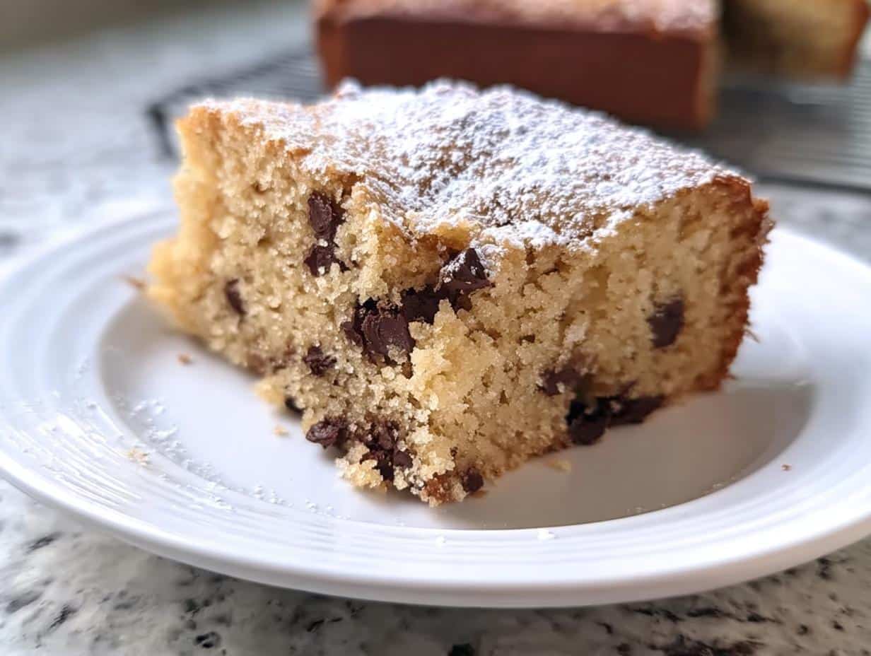 Close-up of a moist slice of Chocolate Chip Snack Cake dusted with powdered sugar on a white plate.