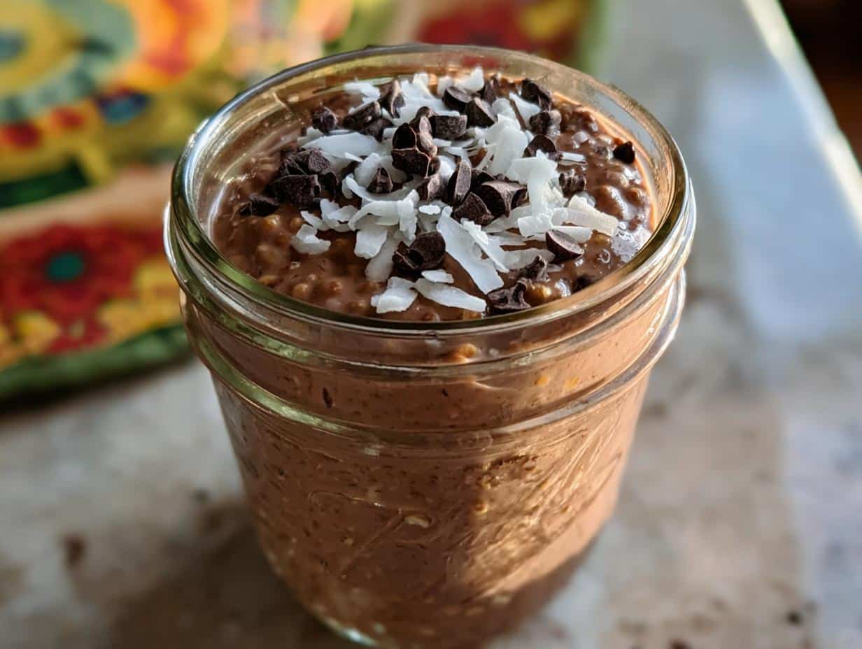 Close-up of Chocolate Coconut Overnight Oats topped with shredded coconut and chocolate chips in a glass jar.