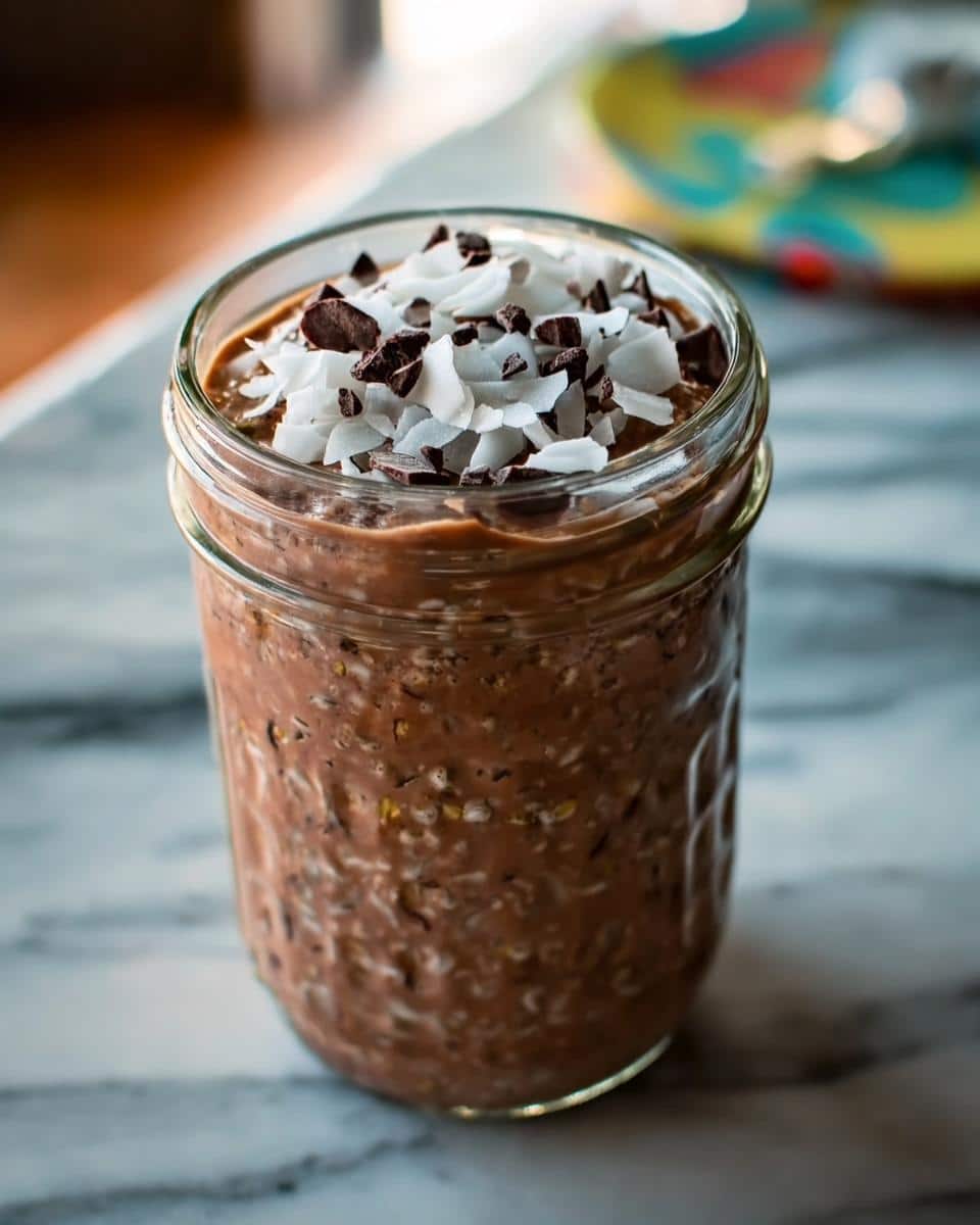 Close-up of Chocolate Coconut Overnight Oats topped with coconut flakes and chocolate chunks in a mason jar.