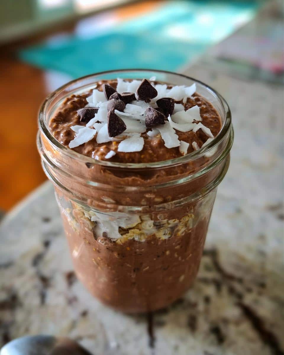 Close-up of Chocolate Coconut Overnight Oats topped with coconut flakes and chocolate chips in a glass jar.
