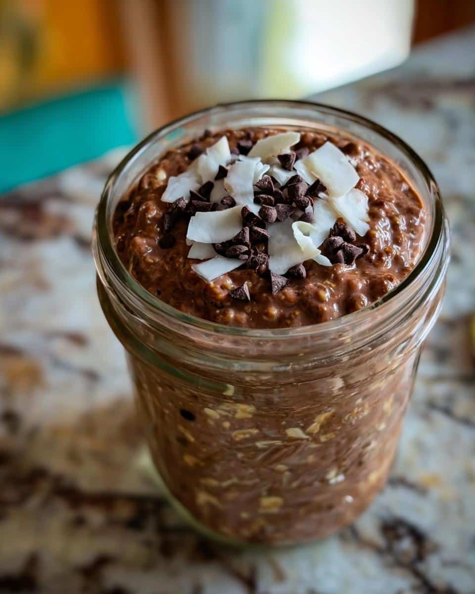 Close-up of Chocolate Coconut Overnight Oats topped with coconut flakes and mini chocolate chips.