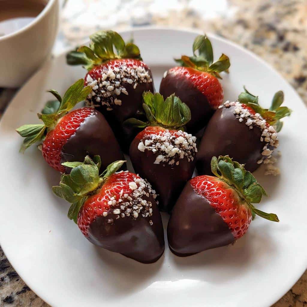 A plate of fresh Chocolate Covered Strawberries, some dipped only in chocolate and others topped with white sprinkles.